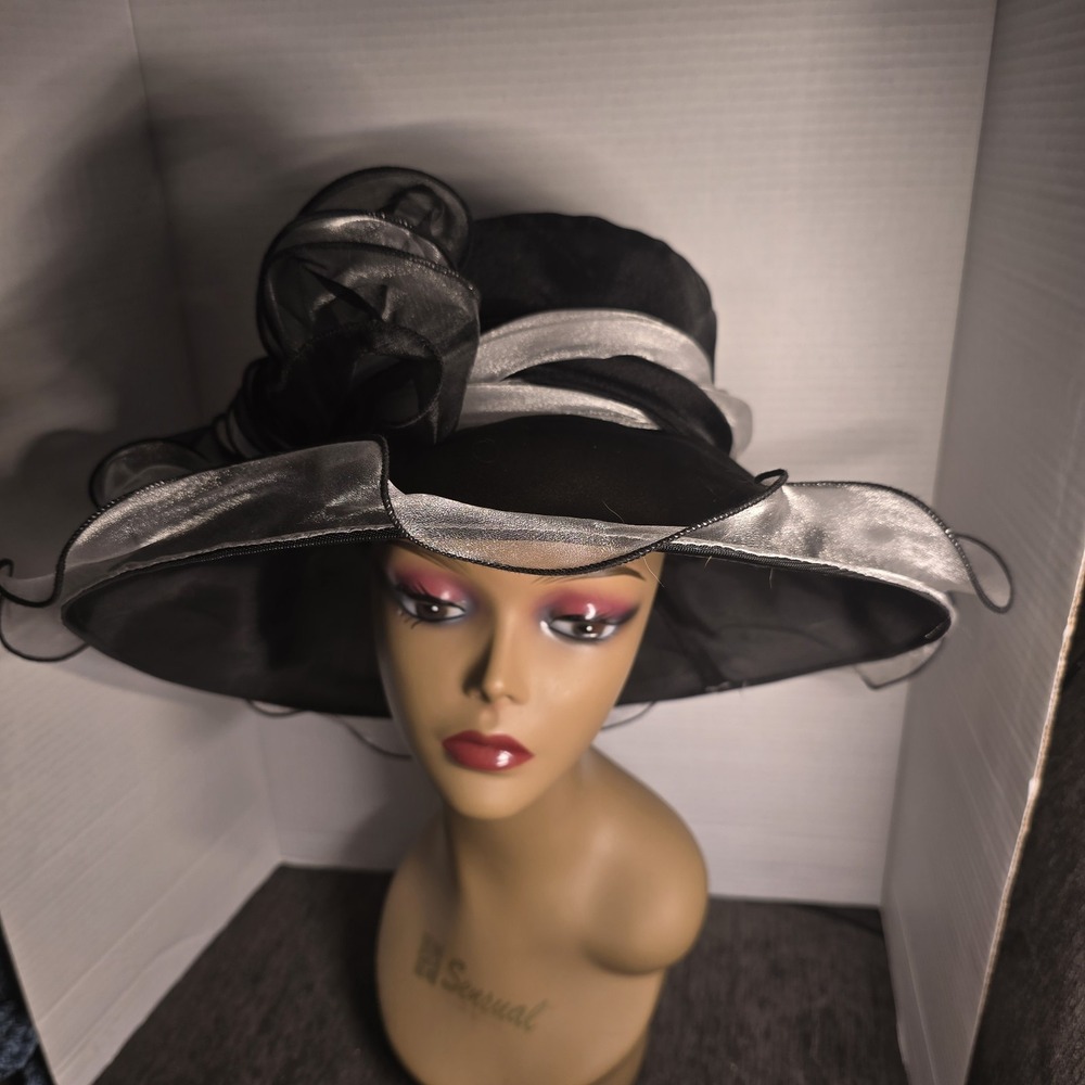 Forbusite Womens Kentucky Derby Hat Black Silver Organza Wide Brim Church Hat